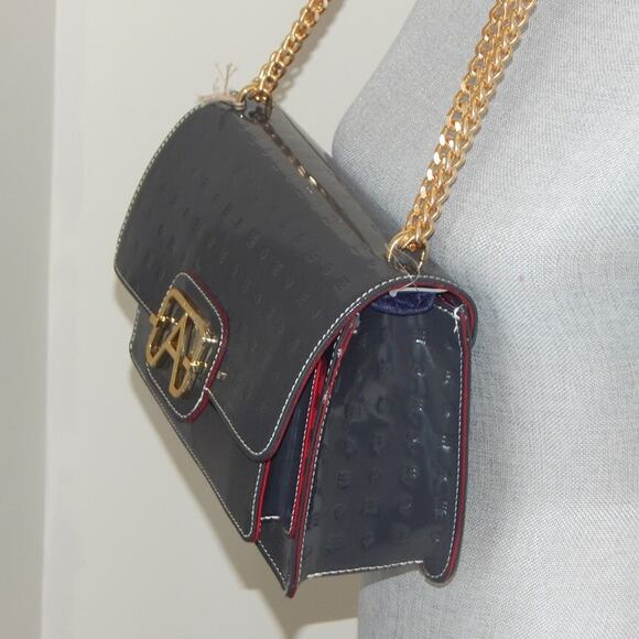 ARCADIA Genuine Patent Leather Flap Chain Crossbody Bag in Dark Grey Italy NWT - Picture 5 of 15